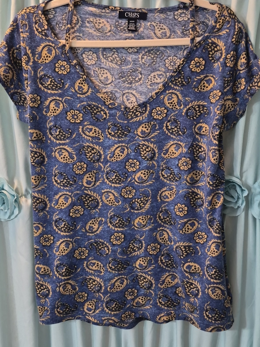 Vintage Chaps Blue yellow Paisley Print V-Neck Cap Sleeve strappy neckline Sz M